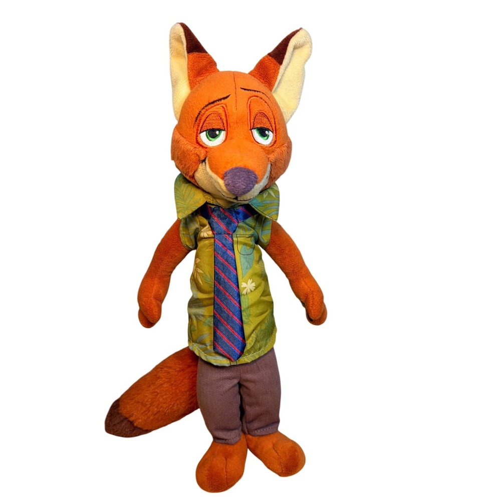 Disney Store Zootopia Nick Wilde Plush Fox 12" Hawaiian Shirt Tie Authentic Toy